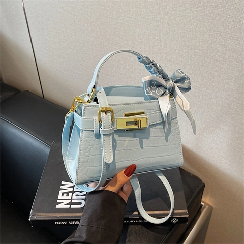 Crocodile Pattern PU Leather Top Handle Handbag With Satin Scarf Decor Elegant Crossbody Shoulder Small Square Bag Women