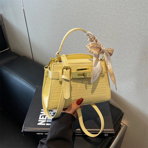 Crocodile Pattern PU Leather Top Handle Handbag With Satin Scarf Decor Elegant Crossbody Shoulder Small Square Bag Women