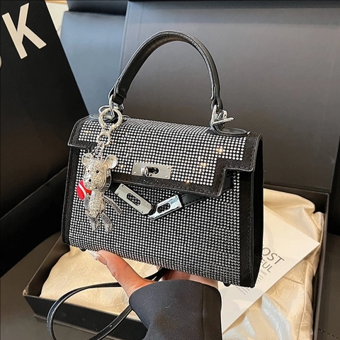 Borsa A Mano E Tracolla Con Strass Argentati Pelle PU Lucida Moda Party Borsa A Spalla Con Ciondolo A Forma Di Orso