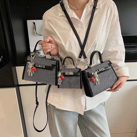 Borsa A Mano E Tracolla Con Strass Argentati Pelle PU Lucida Moda Party Borsa A Spalla Con Ciondolo A Forma Di Orso