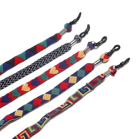 Eyeglass Strap Ethnic Fabric Adjustable Colorful Heart Triangle Pattern Glasses Chain Anti-Slip Holder Women Men