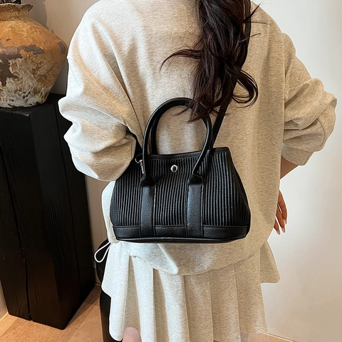 Borsa A Secchiello Plissettata Donna Pelle PU Trama Verticale Borsa A Mano Con Tracolla Regolabile Moda Quotidiana