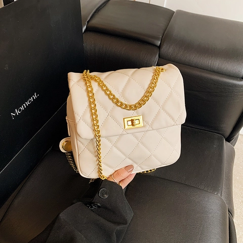 Women Quilted Rhombic PU Leather Crossbody Bag Fashion Metal Chain Strap Small Square Bag With Twist Lock Closure