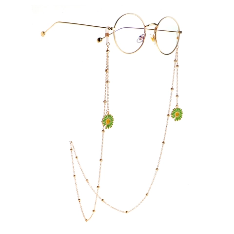 Mode Goldene Metallperlen Brillenkette Mit Grünen Gänseblümchen Emaille Anhänger Anti Rutsch Brillenband Damen Süßer Blumenstil