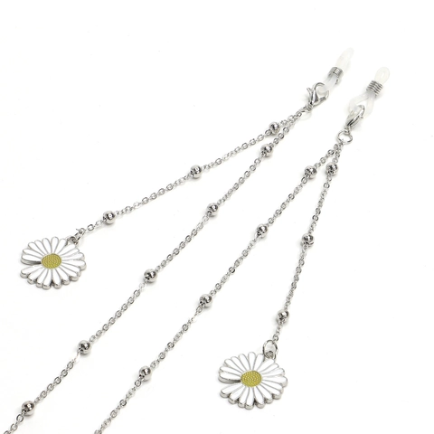 Modische Einfache Silberne Metall Perlen Brillenkette Mit Emaille Gänseblümchen Anhänger Für Damen Rutschfeste Sonnenbrillen Kette