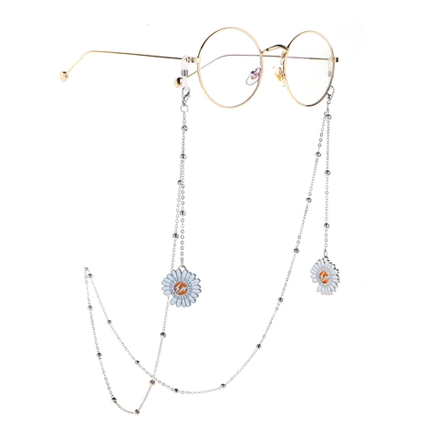 Fashion Simple Silver Color Metal Glasses Chain Beaded Eyewear Strap With White Daisy Pendant Non-Slip For Women