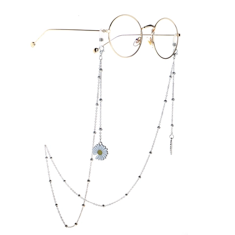 Modische Einfache Silberne Metall Perlen Brillenkette Mit Emaille Gänseblümchen Anhänger Für Damen Rutschfeste Sonnenbrillen Kette