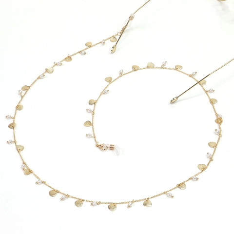 Elegant Gold Alloy Metal Eyeglasses Chain With Faux Artificial Pearls And Shell Pendants Anti-Slip Adjustable Sunglasses Strap