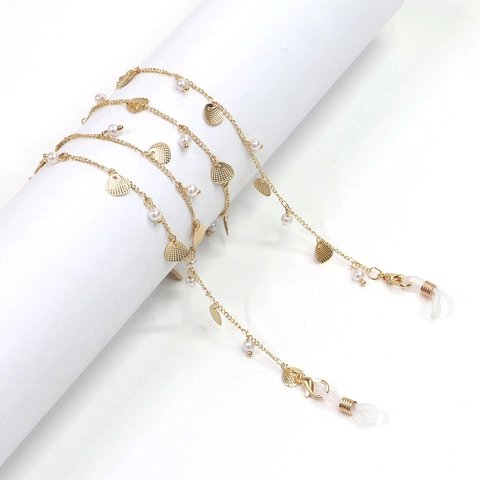 Elegant Gold Alloy Metal Eyeglasses Chain With Faux Artificial Pearls And Shell Pendants Anti-Slip Adjustable Sunglasses Strap