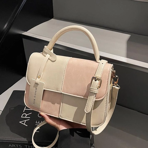 Patchwork Small Square Bag PU Leather Handheld Crossbody Bag Adjustable Strap Magnetic Flap Casual Elegant For Women
