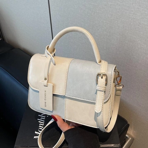 Patchwork Small Square Bag PU Leather Handheld Crossbody Bag Adjustable Strap Magnetic Flap Casual Elegant For Women