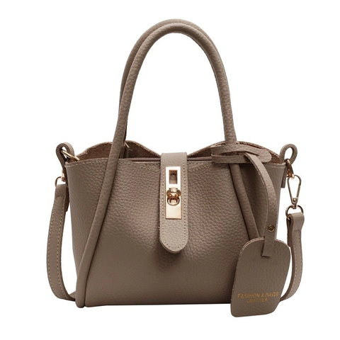 Women Litchi Pattern PU Leather Handbag Gold Metal Lock Crossbody Bucket Bag With Shoulder Strap Fashion Commute Tote Bag