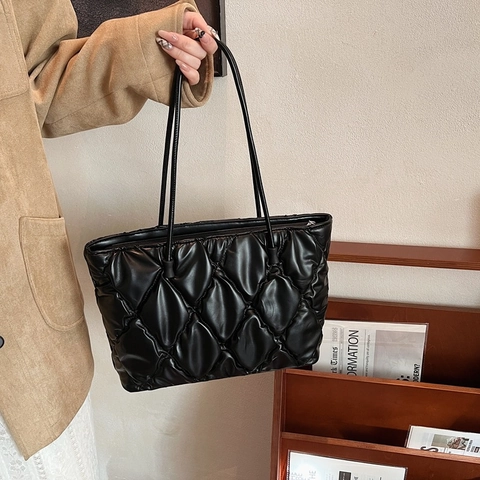 Bolso Tote Acolchado de Gran Capacidad para Mujer Cuero PU Color Sólido Bolso de Hombro Moda Conmutador Bolso de Mano Estilo de Invierno