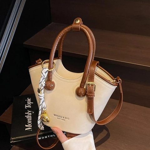 Women PU Leather Bucket Bag Contrast Color Top Handle Adjustable Strap Scarf Decor Vintage Minimalist Fashion Bag