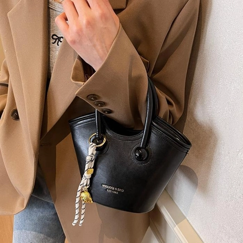 Women PU Leather Bucket Bag Contrast Color Top Handle Adjustable Strap Scarf Decor Vintage Minimalist Fashion Bag