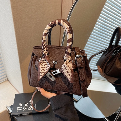 Damen Handtasche Litchi Muster PU Leder Satinnschal Griff Silber Verschluss Umhängetasche Schultertasche Retro Mode Elegant Dame
