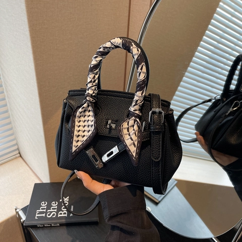 Damen Handtasche Litchi Muster PU Leder Satinnschal Griff Silber Verschluss Umhängetasche Schultertasche Retro Mode Elegant Dame