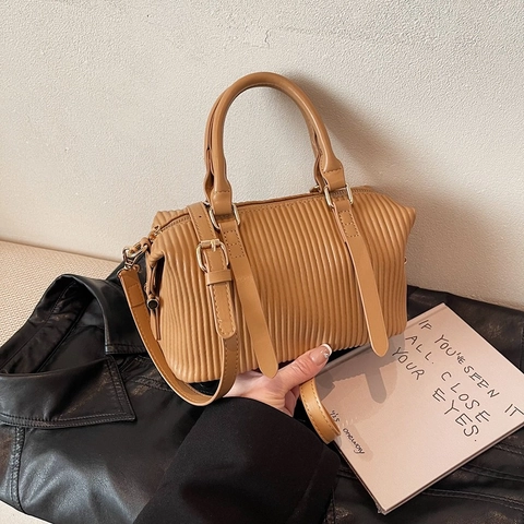 Women Retro Vertical Pleated Boston Bag PU Leather Pillow Handbag With Gold Hardware Adjustable Shoulder Strap Elegant