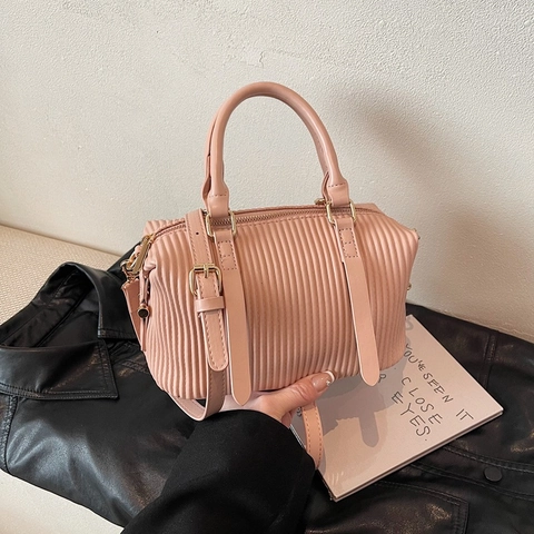 Women Retro Vertical Pleated Boston Bag PU Leather Pillow Handbag With Gold Hardware Adjustable Shoulder Strap Elegant