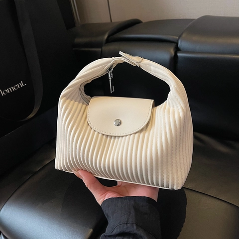 Pleated Handbag PU Leather Vertical Texture Magnetic Flip Shoulder Bag Simple Versatile Commuter Crescent Shape Women