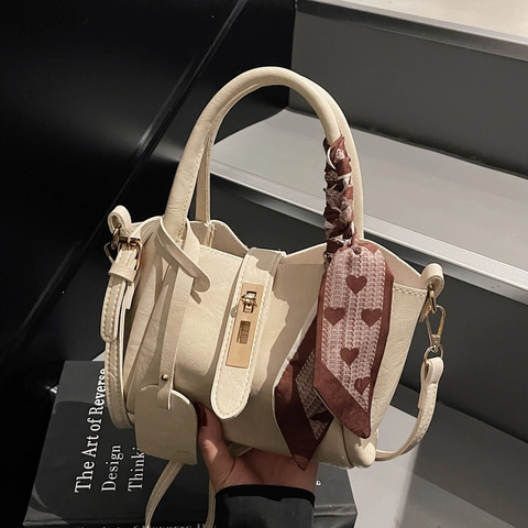 Vintage PU Leder Eimer Handtasche Für Damen Mit Satinnschal Dekor Und Metallschloss Verstellbare Schulter Umhängetasche