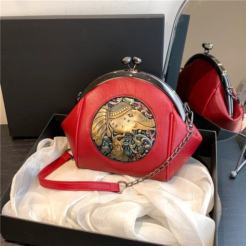 Retro Shell Crossbody Bag For Women Vintage PU Leather Kiss Lock Shoulder Purse With Metal Elephant Relief Chain Strap