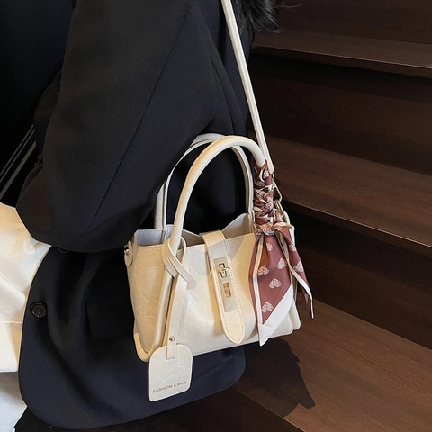 Vintage PU Leder Eimer Handtasche Für Damen Mit Satinnschal Dekor Und Metallschloss Verstellbare Schulter Umhängetasche