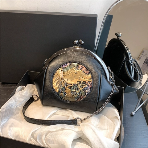 Retro Shell Crossbody Bag For Women Vintage PU Leather Kiss Lock Shoulder Purse With Metal Elephant Relief Chain Strap