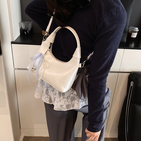 Women Hobo Handbag PU Leather Half Moon Bag Sweet Plaid Ribbon Bow Artificial Pearl Heart Charm Trendy Shoulder Bag
