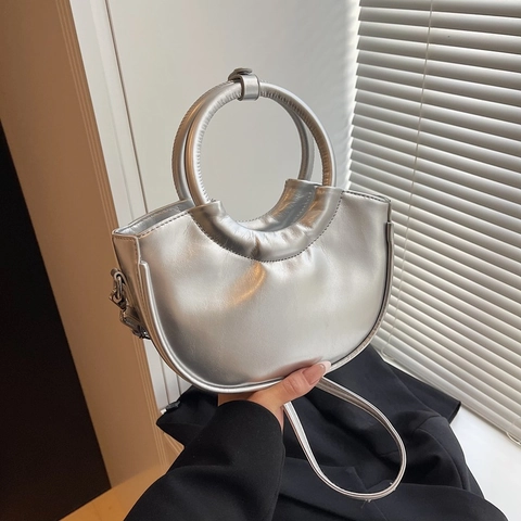Women Crescent Half Moon Handbag PU Leather Glossy Metallic Texture Round Ring Handle Stitched Shoulder Crossbody Bag