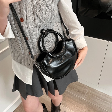 Women Crescent Half Moon Handbag PU Leather Glossy Metallic Texture Round Ring Handle Stitched Shoulder Crossbody Bag
