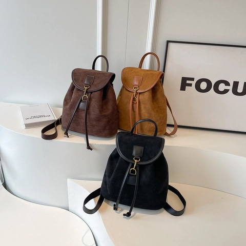 Korean Style Women Suede Texture PU Leather Backpack Vintage Metal Hook Drawstring Flap Simple Retro Travel Rucksack