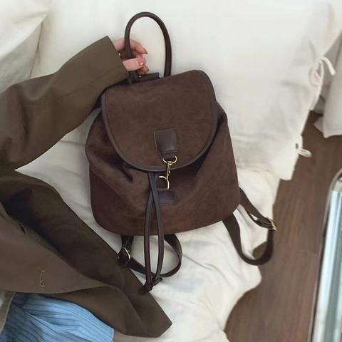 Korean Style Women Suede Texture PU Leather Backpack Vintage Metal Hook Drawstring Flap Simple Retro Travel Rucksack