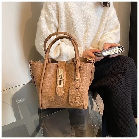 Umhängetasche Damen Kunstleder Litchi-Maserung Handtasche Retro Mode Vielseitige Eimer-Stil Mit Metallschloss Für Alltag
