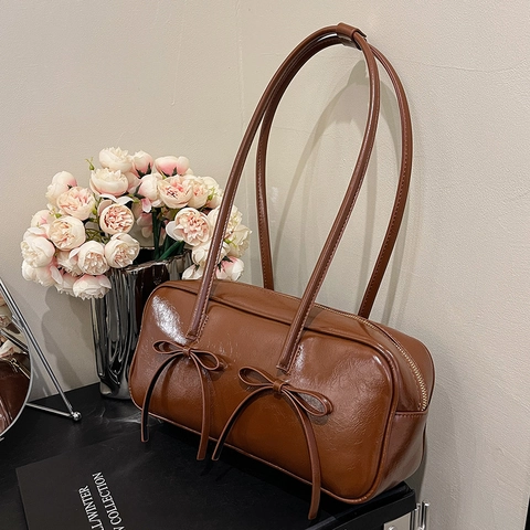 Vintage Bow Decoration Shoulder Underarm Bag PU Leather Solid Color Rectangular Zip Closure Casual Fashion For Women