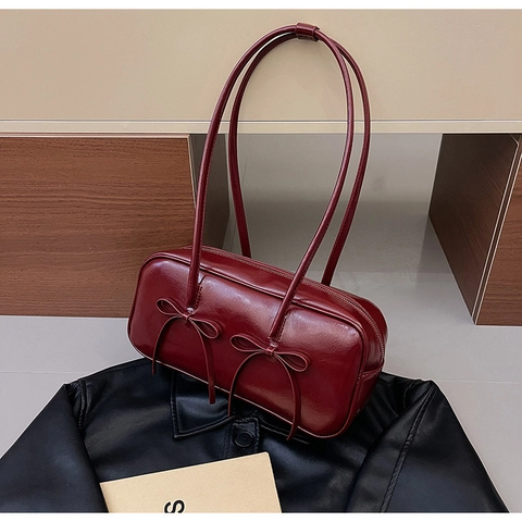 Vintage Bow Decoration Shoulder Underarm Bag PU Leather Solid Color Rectangular Zip Closure Casual Fashion For Women