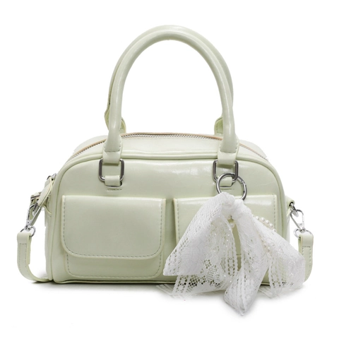 Fashion Women PU Leather Boston Pillow Bag With Lace Bow Pearl Charm Sweet Crossbody Shoulder Handbag Small Commuter Purse