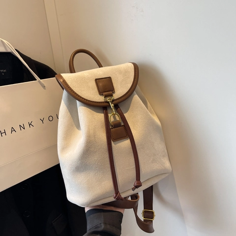 Vintage Faux Suede PU Leather Backpack Drawstring Flap Large Capacity Contrast Color Fashion For Women