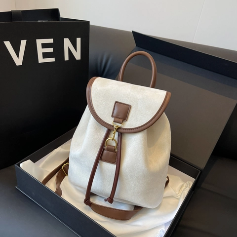 Vintage Faux Suede PU Leather Backpack Drawstring Flap Large Capacity Contrast Color Fashion For Women