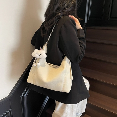 Chic Hobo Tas PU Lychee Korrel Grote Capaciteit Schouder Crossbody Tas Met Wolk Pluche Charm Stedelijke Minimalistische Casual Tas
