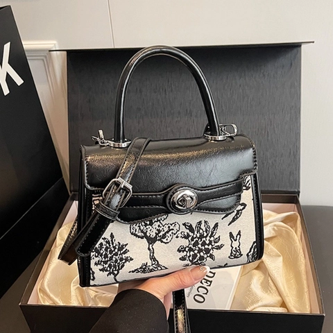 Women Vintage Handbag PU Leather Printed Canvas Crossbody Shoulder Bag With Metal Twist Lock And Adjustable Strap