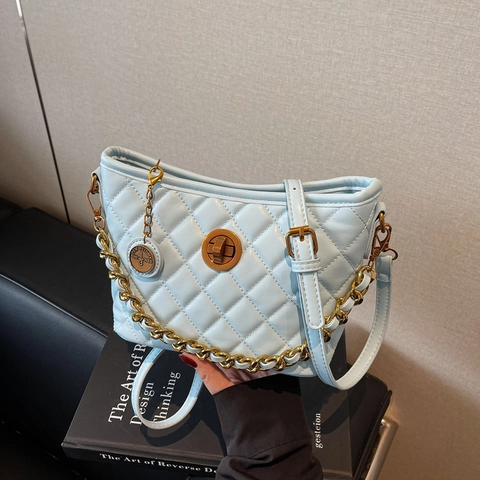 Damen Umhängetasche Eimer Tasche Gestepptes PU Leder Metallkette Dekor Vintage Schulter Unterarm Handtasche Mit Drehverschluss Und Rundem Anhänger