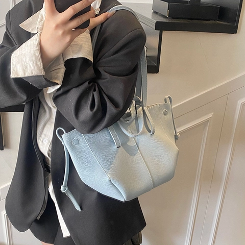 Borsa Tote Grande Donna Pelle PU Motivo Litchi Coulisse Laterale Fibbia Magnetica Urbana Borsa A Spalla A Mano