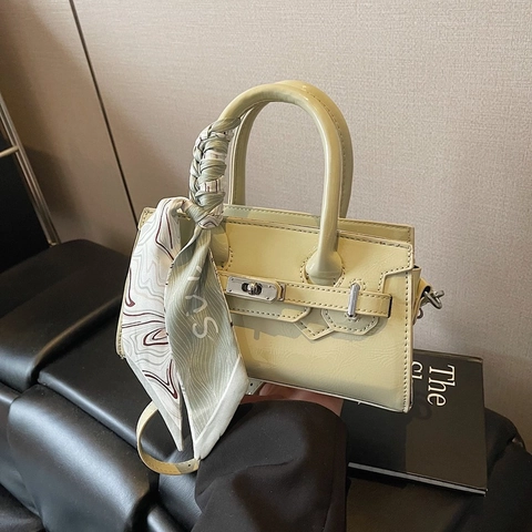 Women Small Square Crossbody Bag PU Leather Top Handle Handbag With Satin Scarf Decor Elegant Metal Twist Lock Shoulder Bag