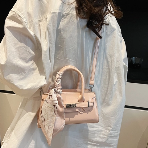 Women Small Square Crossbody Bag PU Leather Top Handle Handbag With Satin Scarf Decor Elegant Metal Twist Lock Shoulder Bag