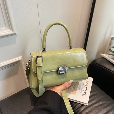 Retro Small Square PU Leather Handbag Women Crossbody Bag With Silver Lock Top Handle Korean Style Casual Baguette Bag