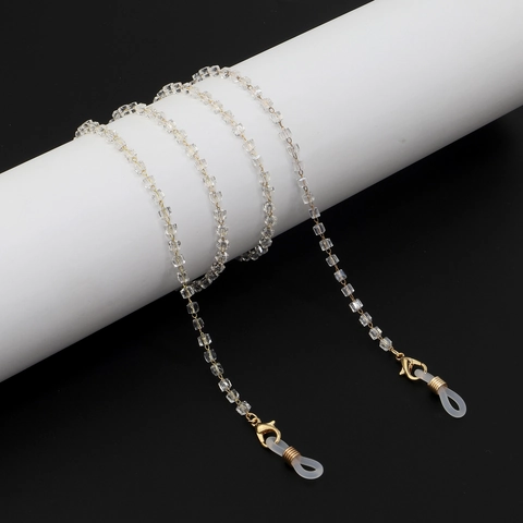Catenella Per Occhiali Con Perline Di Cristallo Quadrate Trasparenti Metallo Dorato Cordino Antiscivolo Accessorio Moda Donna