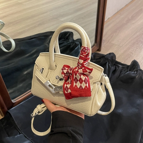 Women Handbag PU Leather Lychee Texture With Satin Scarf Decor Crossbody Bag Adjustable Strap Minimalist Elegant