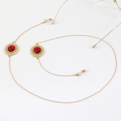 Glasses Chain Copper Gold With Red Oval Resin Gemstone Anti Slip Holder Vintage Baroque Eyewear Neck Cord Strap