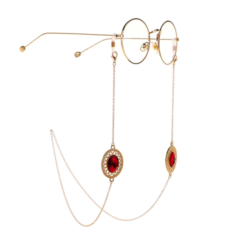 Glasses Chain Copper Gold With Red Oval Resin Gemstone Anti Slip Holder Vintage Baroque Eyewear Neck Cord Strap